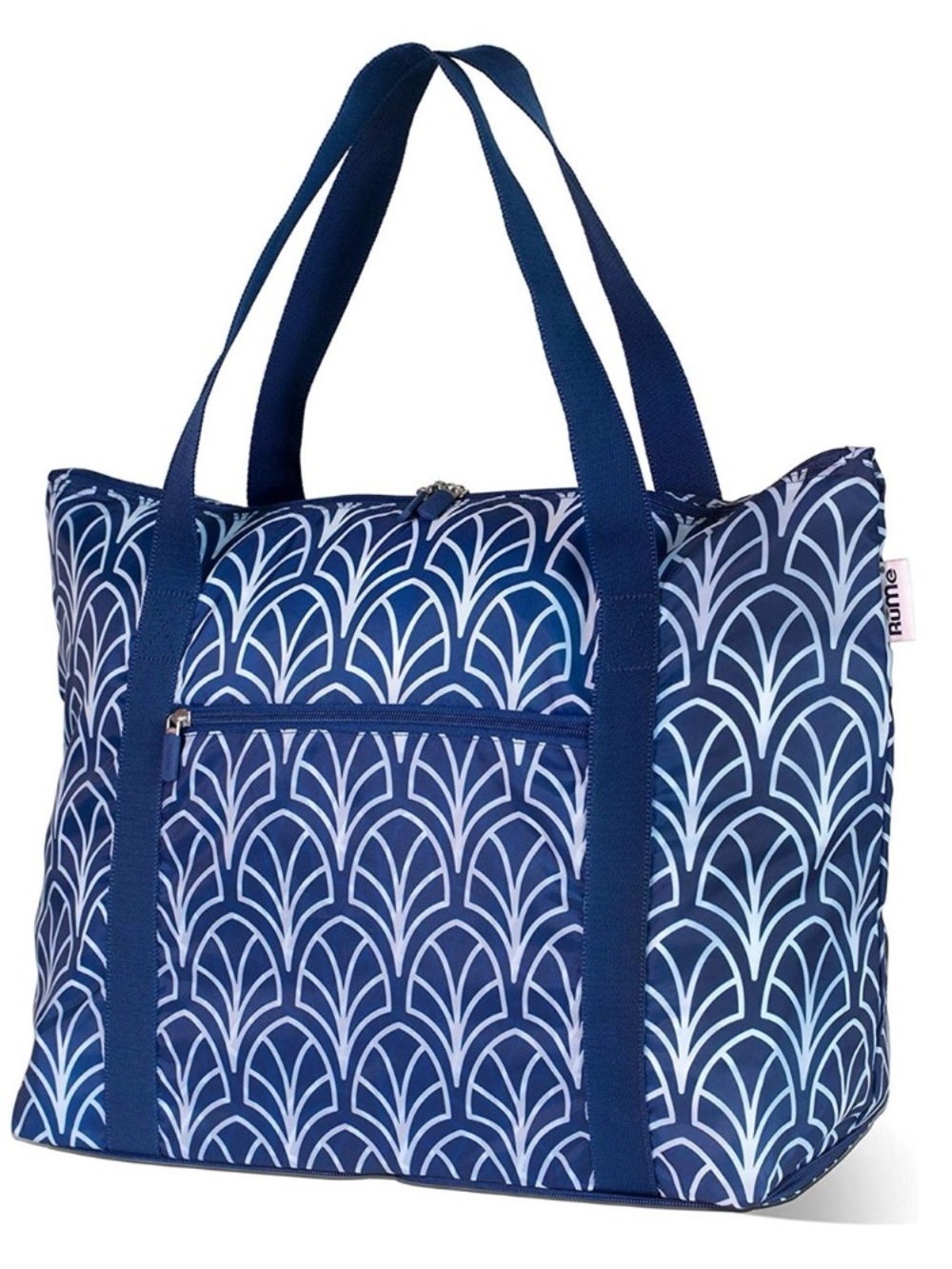 NWOT RuMe C-Fold Packable Nylon Duffel Bag Travel Tote Blue White Geometric